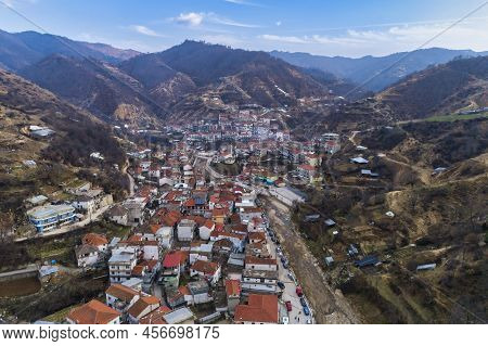 Aerial View Of Myki, Village In The Xanthi,greece. The Majority Of The Population In The Municipalit