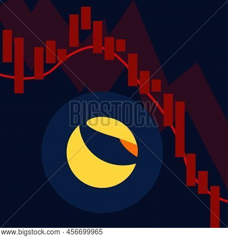 Terra Luna Coin Crash. Cryptocurrency Token Crisis Symbol On Dark
Blue Background. Terra Luna Coin P