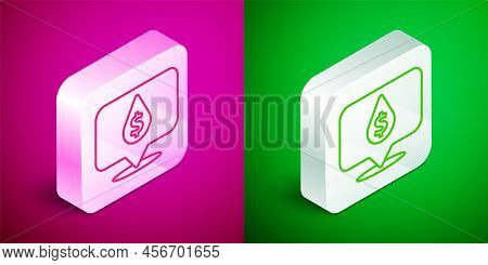 Isometric Line Oil Drop With Dollar Symbol Icon Isolated On Pink And Green Background. Oil Price. Oi