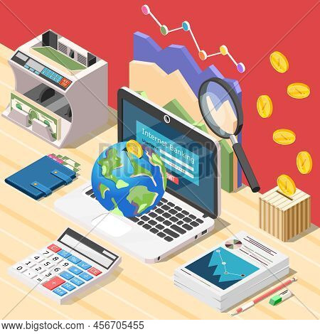 Isometric Accounting Background Composition With Workplace Of Accountant Digital Calculator Laptop A