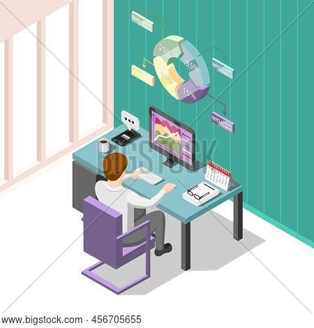 Online Trading Isometric Background With Creative Man At Workplace Looking For Change In Prices On S