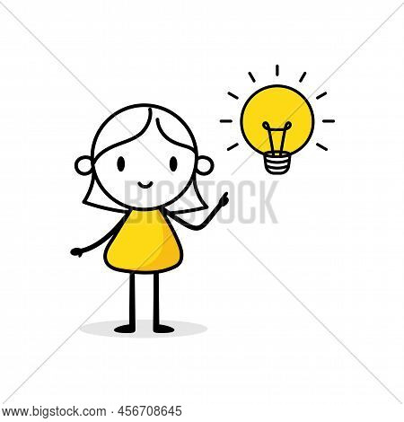 Businesswoman Who Has A Light Bulb Above His Head On White Background. Hand Drawn Doodle Woman. Idea