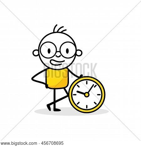 Businessman Leaning On A Clock On White Background. Hand Drawn Doodle Man. Vector Stock Illustration
