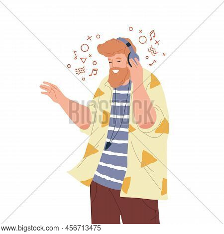 Guy Enjoying A Song Or Listening A Music, Vector Icon Or Clipart. Man With Headphones Dancing And Si