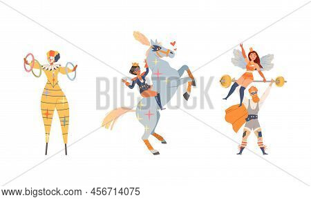 Artists Performing At Circus Show Set. Strongman Lifting Dumbbell, Girl Doing Tricks On Running Hors