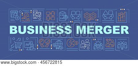 Business Merger Word Concepts Dark Blue Banner. Companies Fusion. Infographics With Editable Icons O