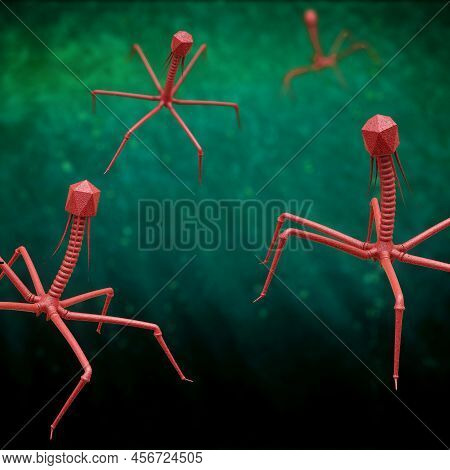 Bacteriophage Or Phage Virus In Red On Green Background - 3d Illustration