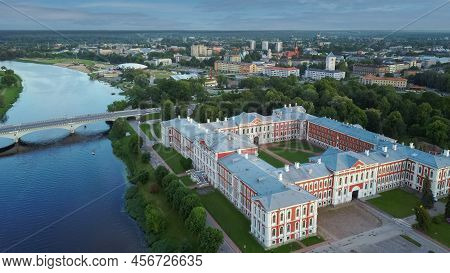 Aerial View Of Jelgava City Panorama Llu Palace In Latvia, Zemgale. Largest Baroque Style Castle In 
