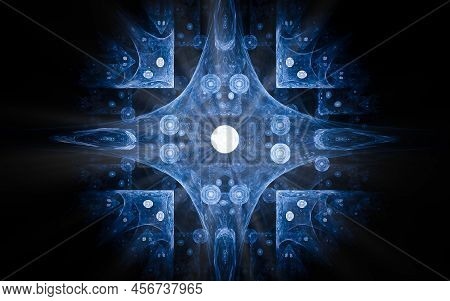 Abstract Illustration Of A Computer Generated Fantastic Emblem In Various Shapes And Shades On A Bla