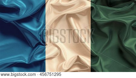 Blank Colored Crumpled Glossy Fabric Material Mockup, Top View, 3d Rendering. Empty Blue, Beige And 