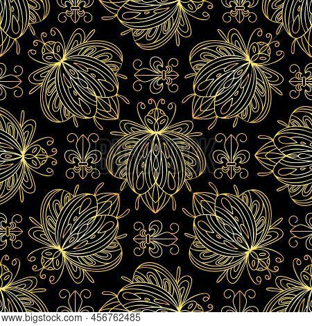 Seamless Pattern Of Golden Bugs And Florentine Lilies. Bohemian Pattern With Beetles. Vector Illustr