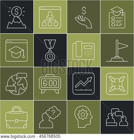 Set Line Two Sitting Men Talking, Target, Flag, Hand Holding Coin Money, Medal, Online Education, Mo