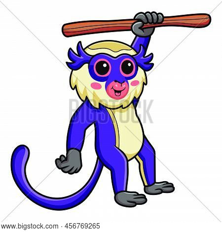 Vector Illustration Of Cute Mona Monkey Cartoon Hanging On Tree