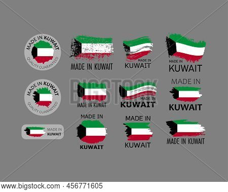 Set Of Stickers Made In Kuwait With Kuwaiti Flag. Factory, Manufacturing And Production Country Conc