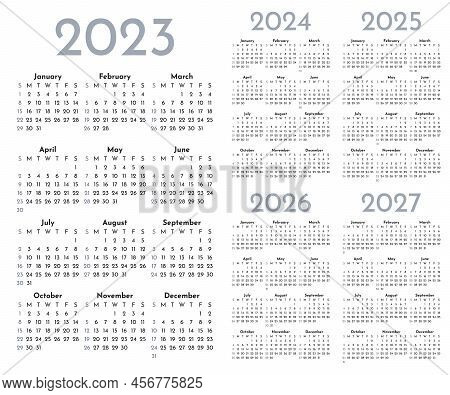 Set Of Monochrome Monthly Calendar Templates For 2023, 2024, 2025, 2026, 2027 Years