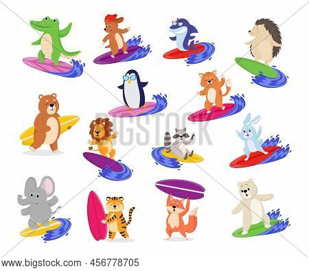 Cute Animal Characters On Surfboard Cartoon Illustration Set. Funny Shark, Lion, Crocodile, Bear, El