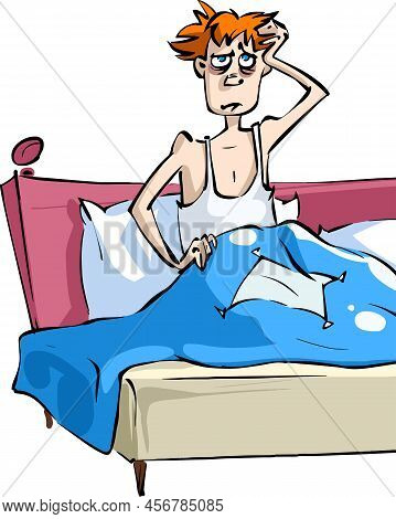 Man Suffering From Insomnia Vector Cartoon Illustration. A Red-haired Man With Bruises Under His Eye