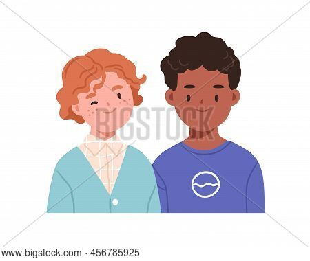 Two Happy Children. Kids Couple, Face Portrait. Smiling Boys Friends Of Different Race. Interracial 