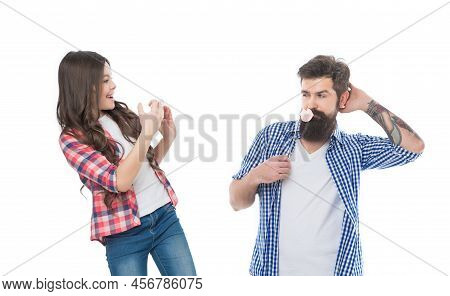 Bearded Man Father With Photobooth Lips Pose For Girl Child Taking Photo With Smartphone, Snapshoot
