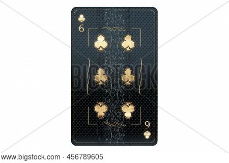 Casino Concept, Clubs 6 Playing Cards, Black And Gold Design On White Background. Gambling, Luxury S