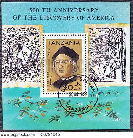Tanzania - Circa 1992: A Stamp Printed In Tanzania Devoted To 500th Anniversary Of The Discovery Of 