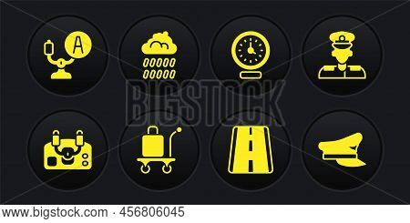 Set Aircraft Steering Helm, Pilot, Trolley Baggage, Airport Runway, Clock, Cloud With Rain, Hat And 
