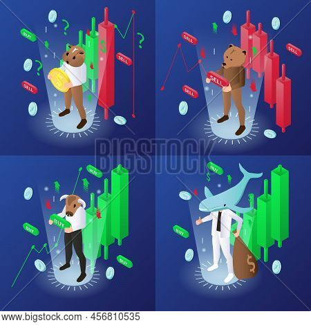 Trading Isometric Concept Icons Set With Stock And Market Symbols Isolated Vector Illustration