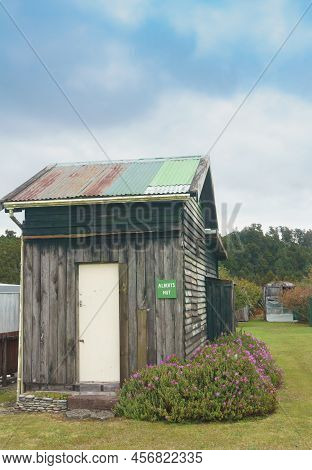 Okarito New Zealand - April 29 2022; Rustic Tiny Home Or Hut Accommodation In Remote Small South Isl