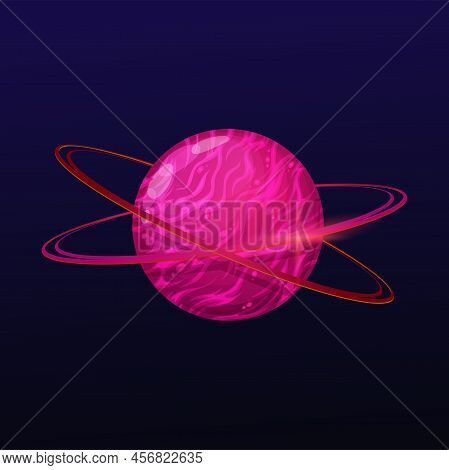 Cartoon Pink Space Planet With Rings. Game User Interface Design Element Or Icon, Fantasy Alien Worl