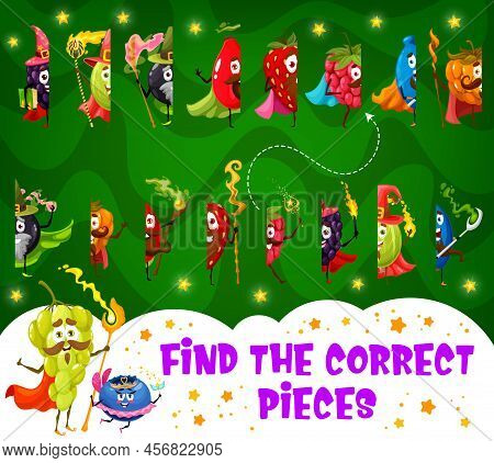 Find Half Of Cartoon Berry Wizard, Mage And Fairy Character, Vector Match Puzzle. Kids Worksheet Gam