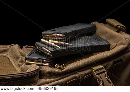 Cartridges And Clips For A Rifle Or Carbine. Ammunition For Weapons. Ammunition For Weapons Lies On 