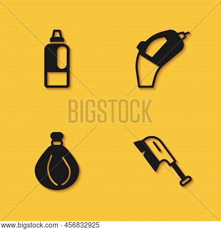 Set Bottle For Detergent, Brush Cleaning, Garbage Bag And Portable Vacuum Cleaner Icon With Long Sha