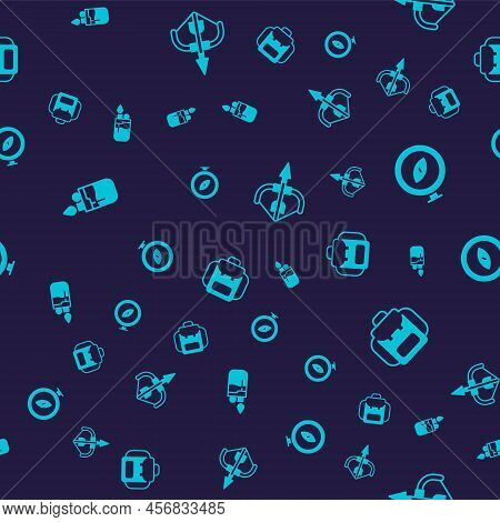 Set Lighter, Compass, Medieval Bow And Arrow And Hiking Backpack On Seamless Pattern. Vector