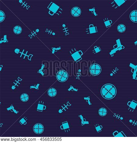 Set Dead Fish, Pistol Or Gun, Coffee Cup And Sniper Optical Sight On Seamless Pattern. Vector