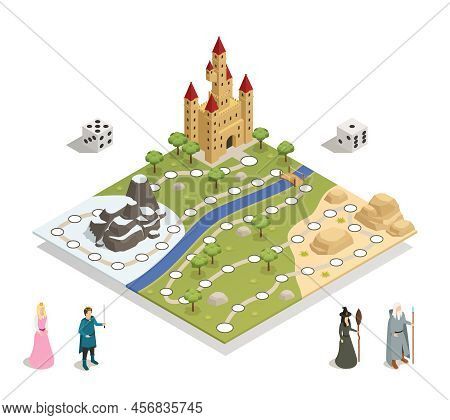 Fairy Tale Gameboard With Castle Landscape Prince Princess Witch Magician And Dice Isometric Composi