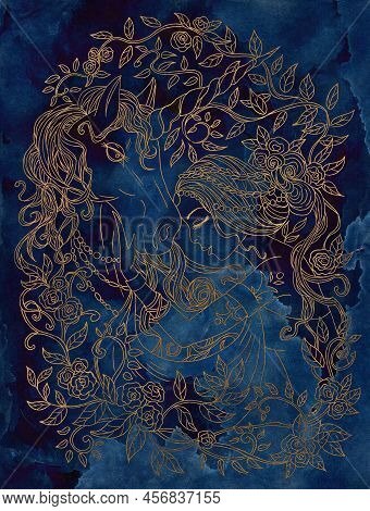 Fantasy Illustration With Hand Drawn Beautiful Fairy Girl Or Princess And Magic Unicorn Horse With N
