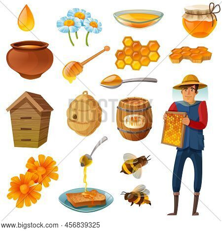 Honey In Various Containers Cartoon Set Including Beekeeper With Honeycombs, Bees, Hives, Droplet, F