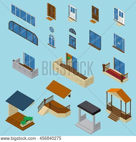 Isometric House Constructor Elements Collection With Isolated Images Of Glossy Windows Doors Balcony