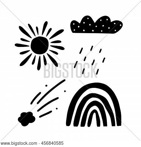 Set Of Black Silhouette Ellements Isolated On A White Background. Collection Of Summer Nature Elleme