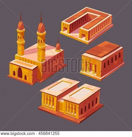 Isometric Egyptian Buildings, Ancient Landmarks. Vector Set Of Old Architecture In Egypt, Historic B