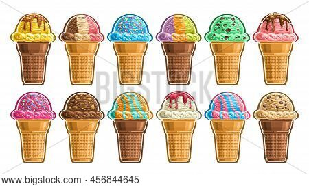 Vector Ice Cream Set, Lot Collection Of Cut Out Different Illustrations Of Group American Scoop Ball