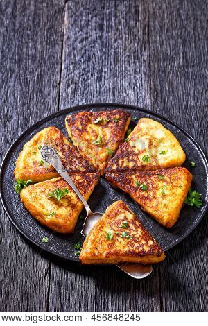 Potato Farls, Irish Potato Cakes, Potato Bread On Black Plate On Dark Wooden Table, Vertical View Fr