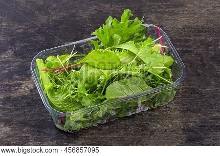 Mix Of The Different Leaf Vegetables In The Transparent Plastic Container On A Black Surface