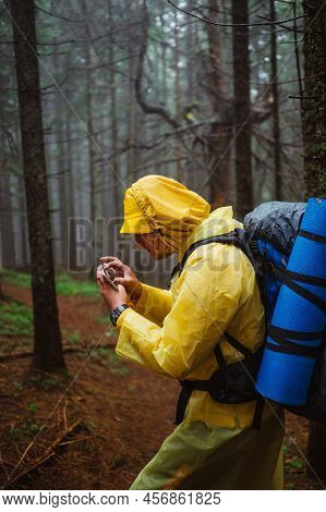 A Male Hiker On A Hike Through A Dark Misty Forest In The Rain Uses A Navigator On A Smartphone To F