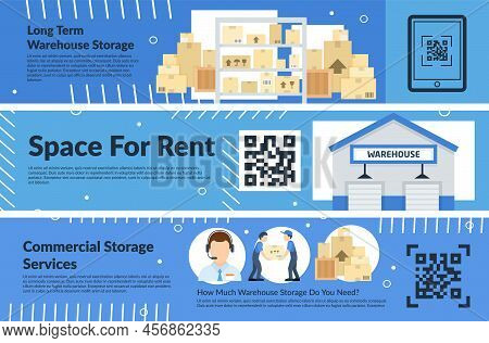 Space For Rent Commercial Storage Service Warehouse Promo Horizontal Banner Set Vector Flat