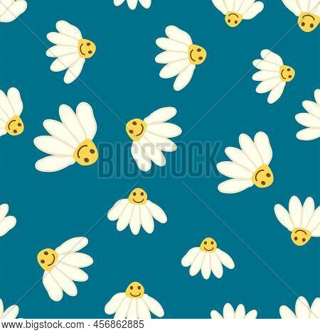 Chamomile Smile 1970 Pattern. Groovy Daisy Retro Seamless Pattern