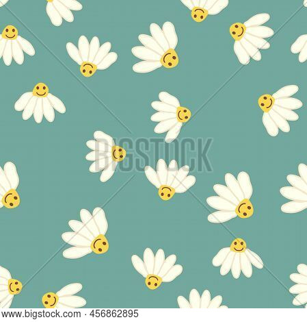 Chamomile Smile 1970 Pattern. Groovy Daisy Retro Seamless Pattern