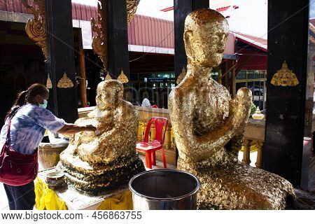 Thai People Foreign Travelers Travel Visit And Respect Praying Blessing With Holy Mystery Buddha Sta