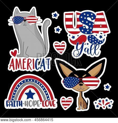 Happy 4th Of July - Hand Drawn Funny Sticker Set.