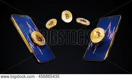 Bitcoin Transactions On Smartphone, Btc Blockchain Cyptocurrency, Trading App On Mobile Phone Next T